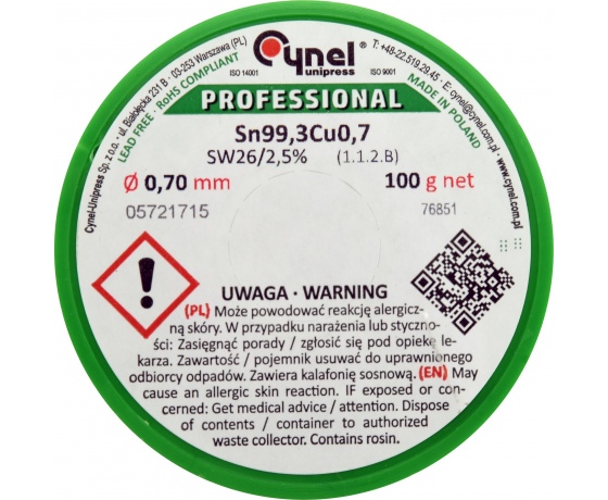 Фото 3 - Припій без свинцю CYNEL,: Ø0,7 мм, Sn99,3-Cu0,7 дротяний на котушці з флюсом 100 г