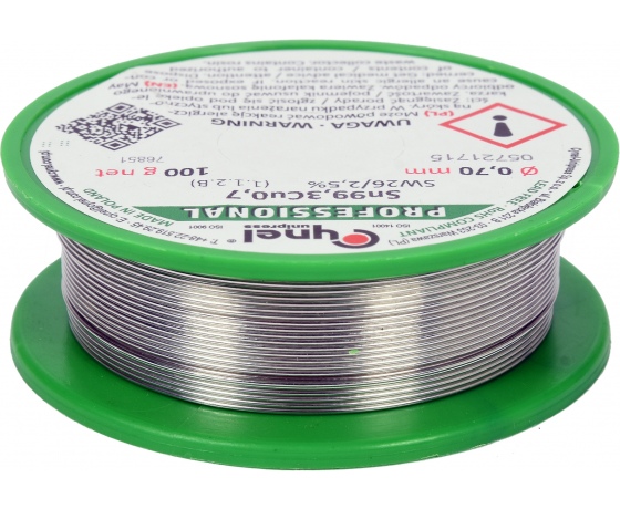 Фото 2 - Припій без свинцю CYNEL,: Ø0,7 мм, Sn99,3-Cu0,7 дротяний на котушці з флюсом 100 г