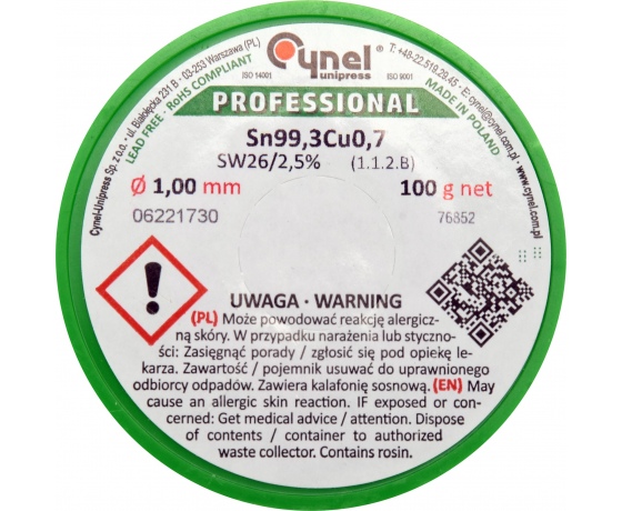Фото 3 - Припій без свинцю CYNEL, : Ø1 мм, Sn99,3-Cu0,7 дротяний на котушці з флюсом 100 г