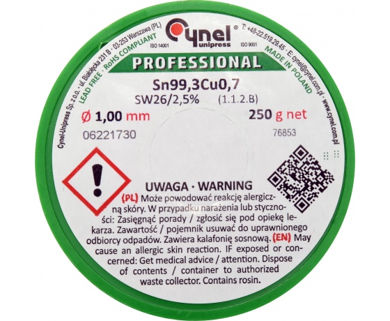 Фото 3 - Припій без свинцю CYNEL, : Ø1 мм, Sn99,3-Cu0,7 дротяний на котушці з флюсом 250 г