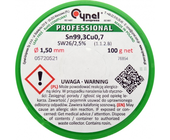 Фото 3 - Припій без свинцю CYNEL, : Ø1,5 мм, Sn99,3-Cu0,7 дротяний на котушці з флюсом 100 г