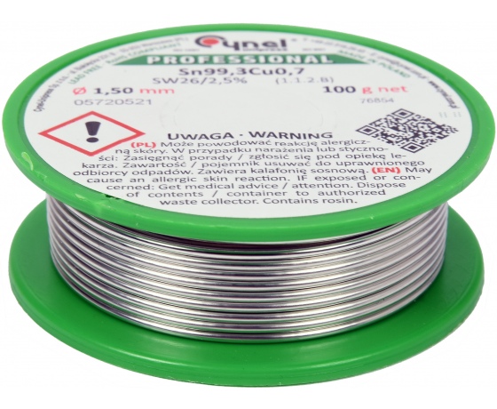 Фото 2 - Припій без свинцю CYNEL, : Ø1,5 мм, Sn99,3-Cu0,7 дротяний на котушці з флюсом 100 г