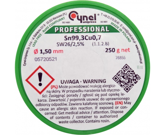 Фото 3 - Припій без свинцю CYNEL, : Ø1,5 мм, Sn99,3-Cu0,7 дротяний на котушці з флюсом 250 г