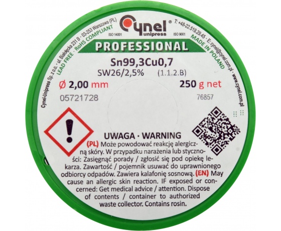 Фото 3 - Припій без свинцю CYNEL, : Ø2 мм, Sn99,3-Cu0,7 дротяний на коташці з флюсом 250 г