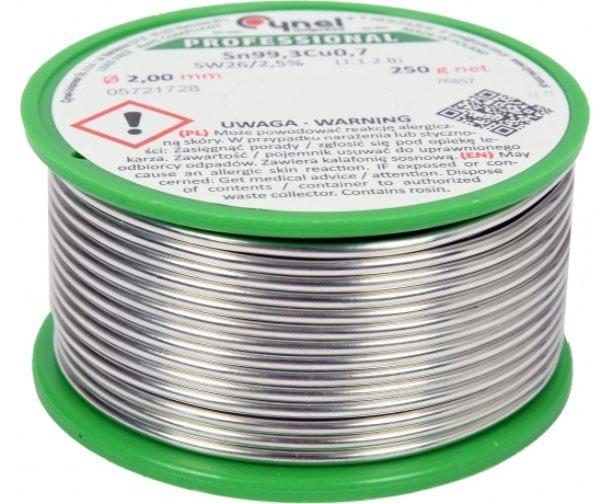 Фото 2 - Припій без свинцю CYNEL, : Ø2 мм, Sn99,3-Cu0,7 дротяний на коташці з флюсом 250 г