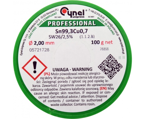 Фото 3 - Припій без свинцю CYNEL, : Ø2 мм, Sn99,3-Cu0,7 дротяний на котушці з флюсом 100 г