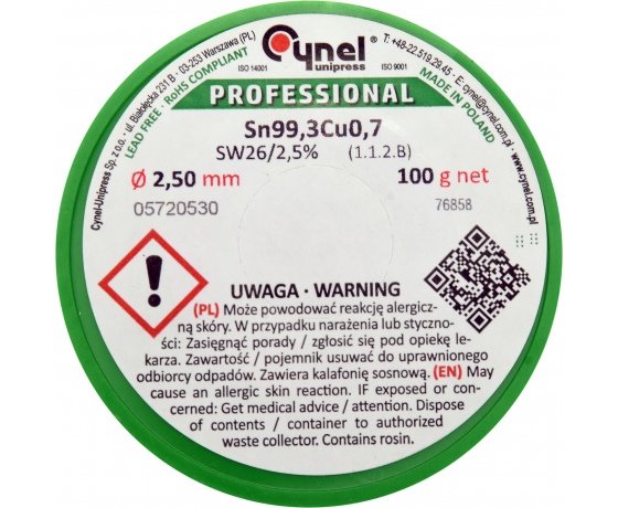 Фото 3 - Припій без свинцю CYNEL, Ø2,5 мм, Sn99,3-Cu0,7 дротяний на котушці з флюсом 100 г