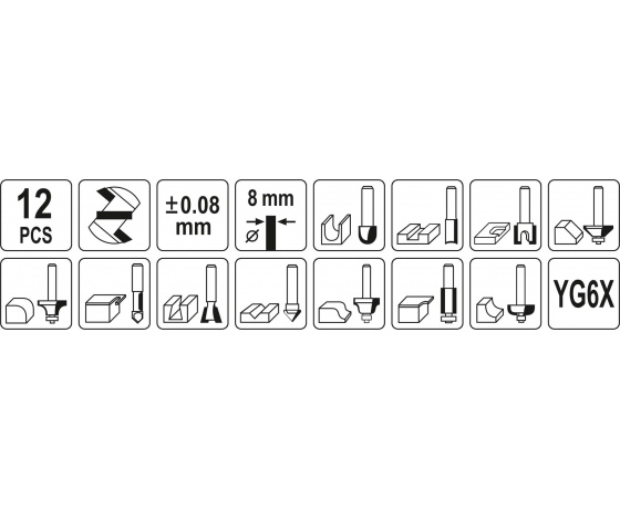 Фото 5 - Фрези YATO по дереву зі шпинделем Ø8 мм, 12 шт.