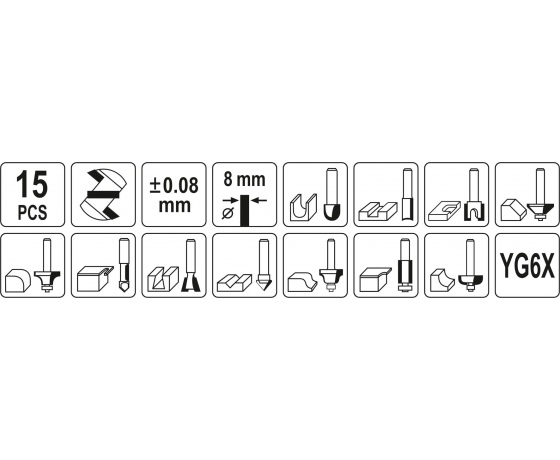 Фото 6 - Фрези YATO по дереву зі шпинделем Ø8 мм, 15 шт.