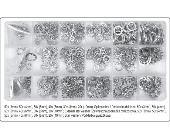 Фото 3 - Шайби стопорні Ø3-10 мм YATO різної форми в пластиковій коробці, набір 720 шт.