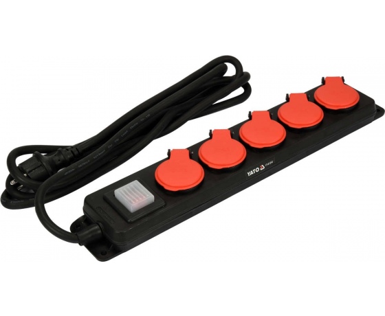 Фото 2 - Подовжувач ел.-мережевий YATO: l= 3 м, колодка з 5 гніздами і вмик, 3-жильний Ø=1,5 мм², з заземл