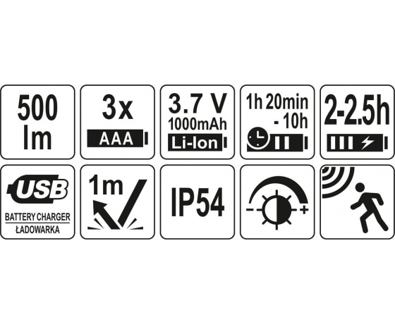 Фото 6 - Ліхтар COB-діодний на чоло YATO; живл. від 3х ААА акумулят 3,7 В 1000 мАгод, 500 Lm, з датчиком руху