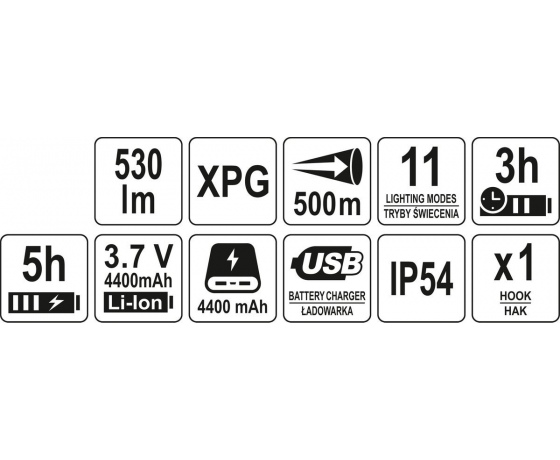 Фото 11 - Ліхтар LED-діодний акумулятор YATO Li-Ion 3.7 В, 15 Вт, 600-1200 Лм, з ручкою, зарядний USB пристрій