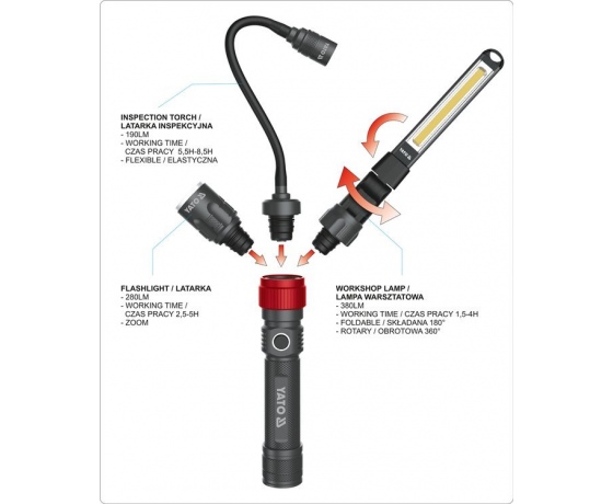 Фото 7 - Ліхтар з обладунками 3 в 1 YATO для ремонтних робіт з зарядним пристроєм, в футлярі