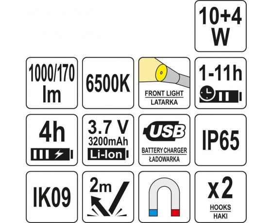 Фото 7 - Світильник переносний світлодіодний YATO акумулят. 3,7 V, 2 режими- 10/4 Вт, 170/ 1000 Lm, заряд USB