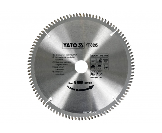 Фото 2 - Диск пильний по алюмінію YATO 250 х 30 х 3 x 2.2 мм 100 зубців R.P.M до 6000 1/хв