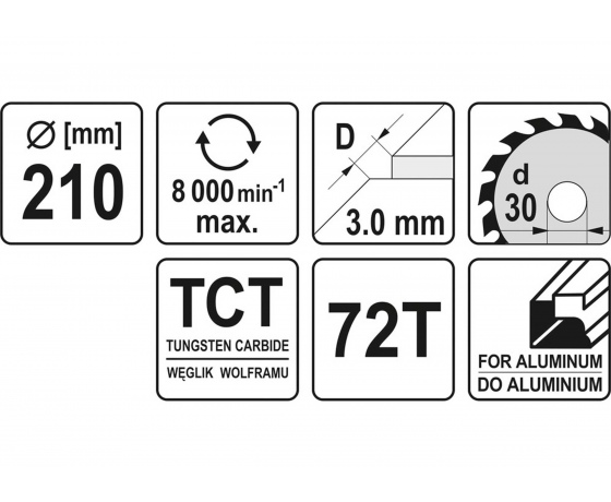Фото 3 - Диск пильний по алюмінію YATO 210 х 30 х 3.0 x 2.2 мм 72 зубці R.P.M до 8000 1/хв
