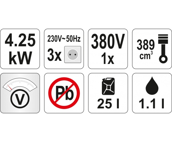 Фото 3 - Генератор ел.струму бензиновий YATO: W= 4.25/5.5 кВт, U= 230/380 В, 3фази, витрата- 1.1л/г, бак- 25л