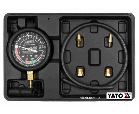Фото 2 - Тестер для вимірювання вакуума і компресії YATO 0-0.1 МПа 9 шт + кейс