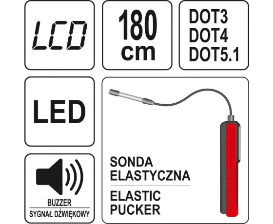 Фото 7 - Тестер гальмівної рідини YATO, 180 см, з 6 діодними індикаторами і звуковим сигналом, еласт. зонд