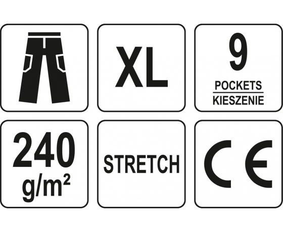 Фото 11 - Штани робочі чорні YATO, розм XL; 9 киш 64%- поліестер, 34%- бавовна, 2%-еластан, відсвічув вставки