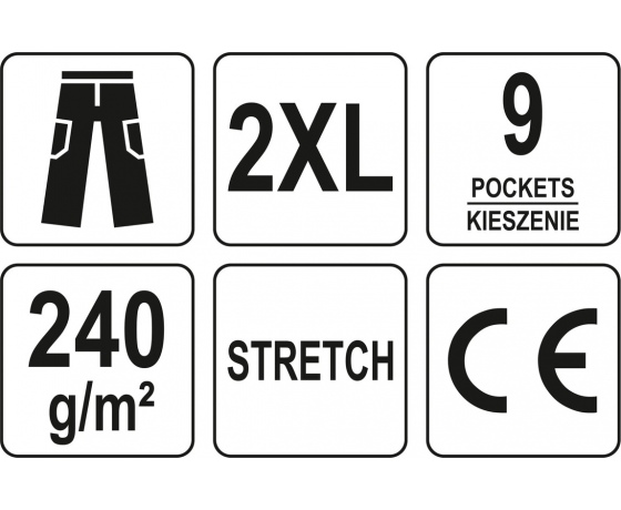 Фото 11 - Штани робочі чорні YATO, розм XXL; 9 киш 64%- поліестер, 34%- бавовна, 2%-еластан, відсвічув вставки