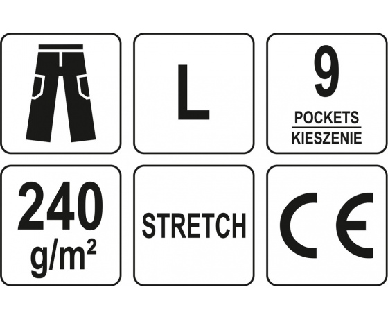 Фото 11 - Штани робочі чорні YATO, розмір L; 9 киш 64%- поліестер, 34%- бавовна, 2%-еластан, відсвічув вставки