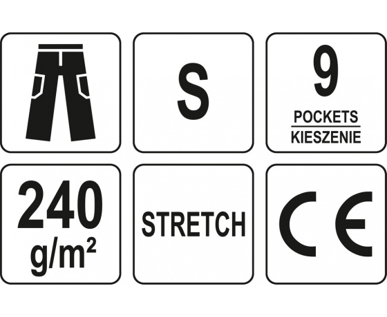 Фото 10 - Штани робочі чорні YATO, розмір S; 9 киш 64%- поліестер, 34%- бавовна, 2%-еластан, відсвічув вставки