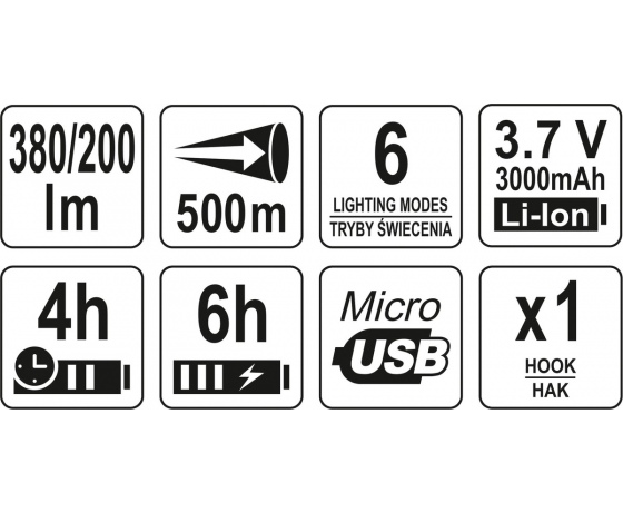 Фото 4 - Ліхтар світлодіодний з ручкою акумул. YATO Li-Ion 3.7 В, 3000 mАГод, 6 реж, 380/200 Lm, зарядний USB