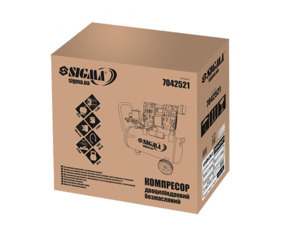 Фото 3 - Компрессор двухцилиндровый безмасляный 1.1кВт 1400об/мин 160л/мин 8бар 58дБ 24л SIGMA (7042521)