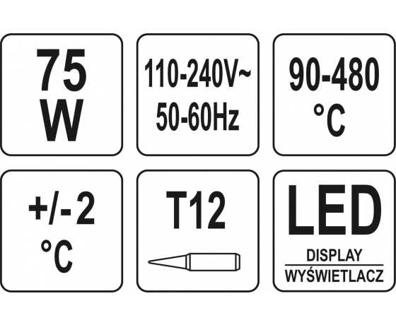 Фото 7 - Паяльна станція мережева: 110-230 V YATO; Р= 75 Вт, t°= 90-480°С, жало тип T12, LCD табло