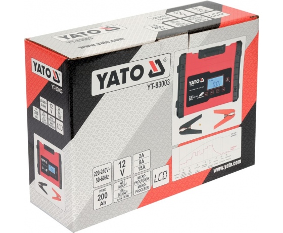 Фото 7 - Зарядний прилад мережевий з LCD дисплеєм 230В YATO до акумуляторів 12V-2/8/15А, макс. 240AГод