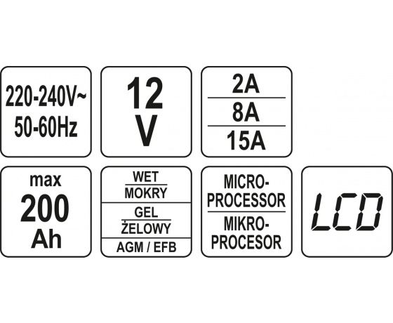 Фото 8 - Зарядний прилад мережевий з LCD дисплеєм 230В YATO до акумуляторів 12V-2/8/15А, макс. 240AГод