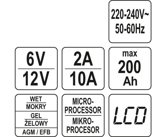 Фото 8 - Зарядний прилад мережевий з LCD дисплеєм 230В YATO до акумуляторів 6V-2А 12V-10А, макс. 240AГод