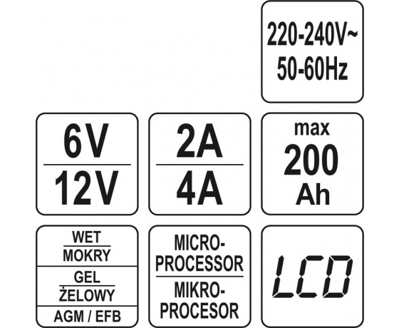 Фото 8 - Зарядний прилад мережевий з LCD дисплеєм 230В YATO до акумуляторів 6V-2А 12V-4А, макс. 240 AГод