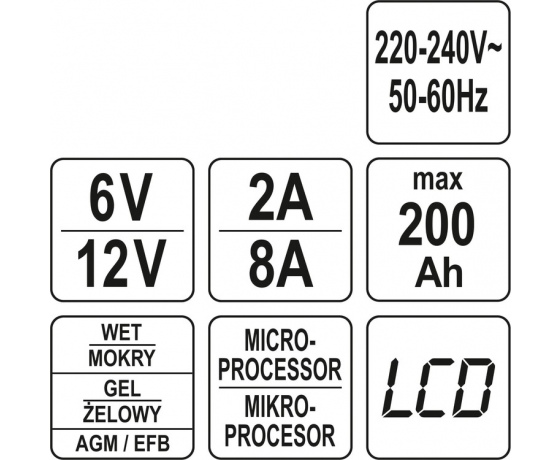 Фото 6 - Зарядний прилад мережевий з LCD дисплеєм 230В YATO до акумуляторів 6V-2А 12V-8А, макс. 240 AГод