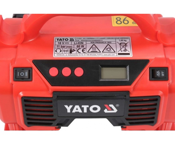 Фото 6 - Компресор акумуляторний YATO Li-Ion 18 В, 3.0 AxГ, 60 Вт,тиск ≤ 11 Bar, подача повітря- 21 л/хв