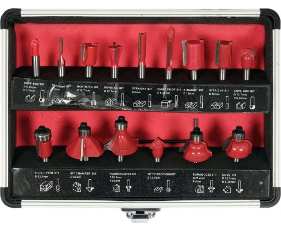 Фото 3 - Фрези по дереву YATO зі шпинделем Ø 6 мм, Ø= 3-32 мм, 15 шт