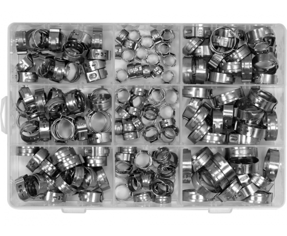 Фото 3 - Хомути плавні з 1-м вушком до шлангів YATO різних розмірів Ø= 5,8- 21 мм, 170 шт.