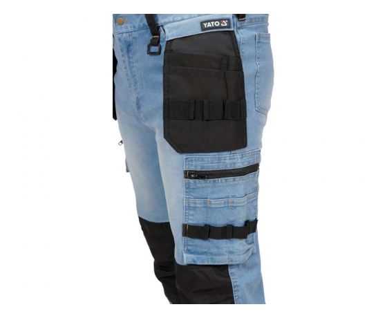 Фото 6 - Штани робочі джинс стрейч YATO розмір S/ 74-82 см, ріст- 164-172 см, голубі, 17 кишень, 71% бав, 25