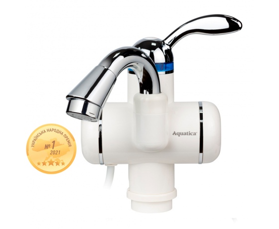 Фото 2 - Кран-водонагреватель проточный LZ 3.0кВт 0.4-5бар для раковины гусак изогнутый на гайке AQUATICA (LZ-5A111W)