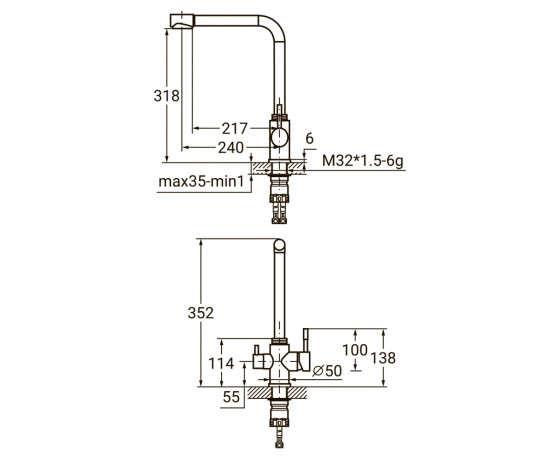 Фото 3 - Смеситель KT Ø35 для кухни гусак с выходом для питьевой воды на гайке SS AQUATICA KT-4B770P (9722121)