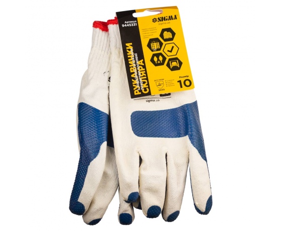 Фото 6 - Перчатки трикотажные стекольщика с двойным латексным покрытием усиленные р10 (синие манжет) SIGMA (9445331)
