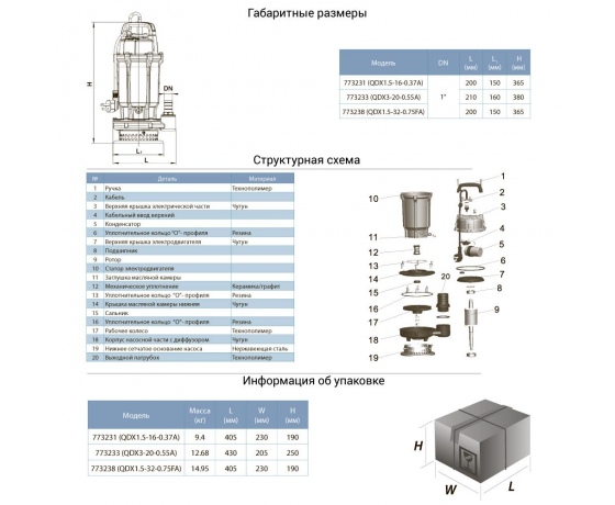 Фото 4 - Насос дренажный 0.75кВт Hmax 35м Qmax 80л/мин AQUATICA QDX1.5-32-0.75FA (773238)