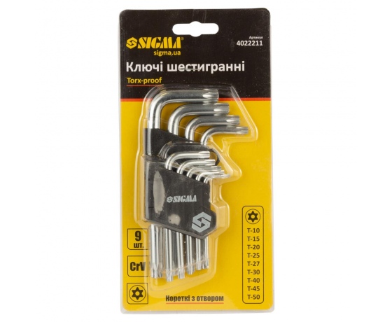 Фото 9 - Ключи TORX 9шт T10-T50 мм CrV (короткие с отверстием) SIGMA (4022211)