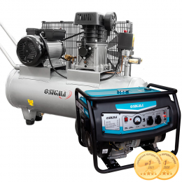 Набор генератор 5.0/5.5кВт 4-х тактный ручной запуск + Компрессор двухцилиндровый ременной 2.5кВт 335л/мин 10бар 50л SIGMA (57104612)